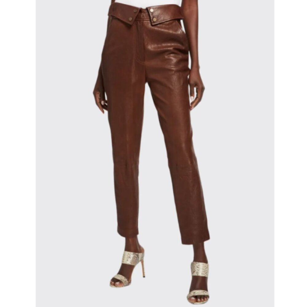 Veronica Beard 'Minerva' Foldover-Waist Cropped Leather Pants, Brown